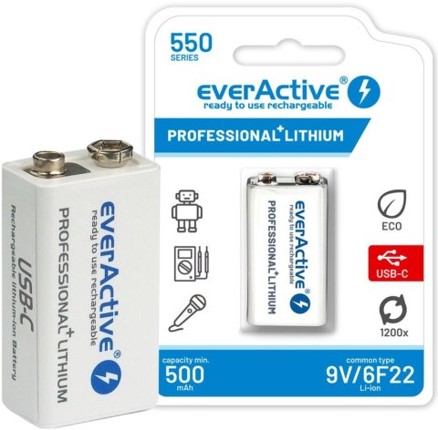 Akumulatorek 6F22 Li-Ion everActive 9V 550mAh z gniazdem USB-C Akumulatorek 6F22 Li-Ion everActive 9V 550mAh z gniazdem USB-C