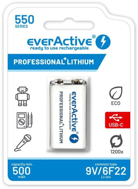 Akumulatorek 6F22 Li-Ion everActive 9V 550mAh z gniazdem USB-C Akumulatorek 6F22 Li-Ion everActive 9V 550mAh z gniazdem USB-C