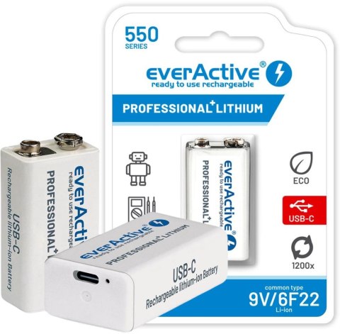 Akumulatorek 6F22 Li-Ion everActive 9V 550mAh z gniazdem USB-C Akumulatorek 6F22 Li-Ion everActive 9V 550mAh z gniazdem USB-C