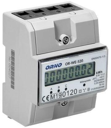 OR-WE-520 ORNO 3-fazowy licznik energii elektrycznej, 80A, MID, 3 moduły, DIN TH-35mm OR-WE-520 ORNO 3-fazowy licznik energii elektrycznej, 80A, MID, 3 moduły, DIN TH-35mm