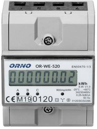 OR-WE-520 ORNO 3-fazowy licznik energii elektrycznej, 80A, MID, 3 moduły, DIN TH-35mm OR-WE-520 ORNO 3-fazowy licznik energii elektrycznej, 80A, MID, 3 moduły, DIN TH-35mm