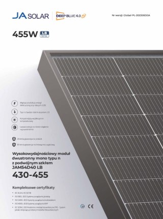 JA SOLAR JAM54D40 BIFACIAL 455W LB Czarna rama MC4 (N-Type)