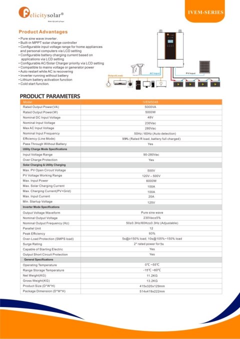 FelicityESS Inwerter hybrydowy Off-grid IVEM5048, 5KW, 48V (1-fazowy) FelicityESS Inwerter hybrydowy Off-grid IVEM5048, 5KW, 48V (1-fazowy)