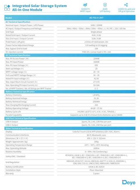 DEYE All In One AE-FS2.0-2H2 (Inwerter hybrydowy 1000W + bateria 2kWh) niskonapięciowy DEYE All In One AE-FS2.0-2H2 (Inwerter hybrydowy 1000W + bateria 2kWh) niskonapięciowy