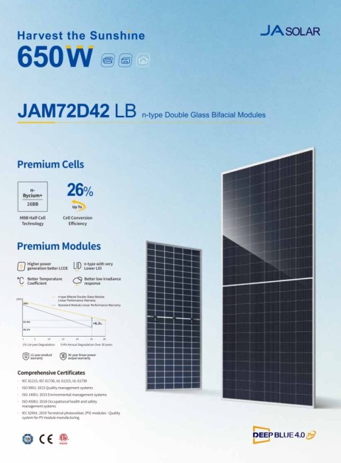 JA SOLAR JAM72D42-630W LB BIFACIAL (N-Type) MC4-EVO2 JA SOLAR JAM72D42-630W LB BIFACIAL (N-Type) MC4-EVO2