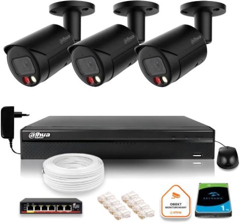 Zestaw monitoringu IP Dahua 4MPx 2K 3 kamery czarne zewnętrzne z dyskiem 1TB Zestaw monitoringu IP Dahua 4MPx 2K 3 kamery czarne zewnętrzne z dyskiem 1TB