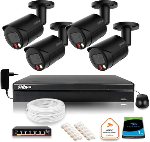 Zestaw monitoringu IP Dahua 4MPx 2K 4 kamery czarne zewnętrzne z dyskiem 1TB Zestaw monitoringu IP Dahua 4MPx 2K 4 kamery czarne zewnętrzne z dyskiem 1TB