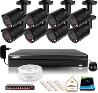 Zestaw monitoringu IP Dahua 4MPx 2K 8 kamer czarnych zewnętrznych z dyskiem 1TB