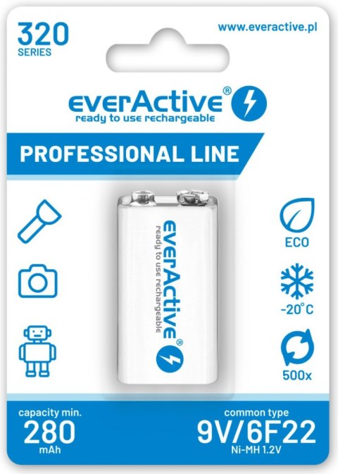 Akumulatorek 6F22 Ni-MH everActive 9V 320mAh Professional Line (1 szt.) Akumulatorek 6F22 Ni-MH everActive 9V 320mAh Professional Line (1 szt.)