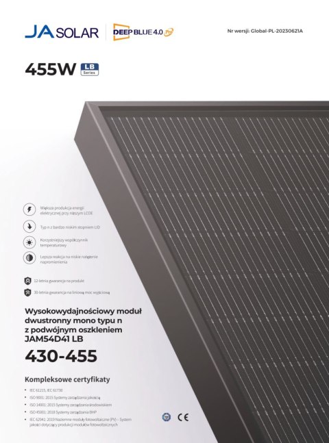 JA SOLAR JAM54D41 BIFACIAL 440W LB Full black MC4 (N-Type) JA SOLAR JAM54D41 BIFACIAL 440W LB Full black MC4 (N-Type)
