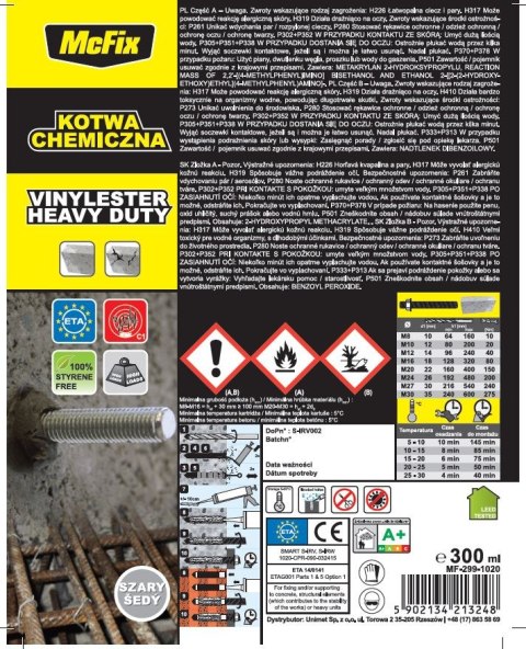 ŻYWICA VINYLOESTROWA 300ML,KOTWA CHEMICZNA ŻYWICA VINYLOESTROWA 300ML,KOTWA CHEMICZNA