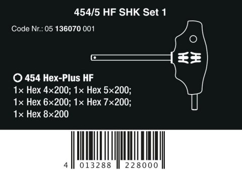 ZESTAW WKRĘTAKÓW PROFIL HEX PLUS W 454/5 HF SHK SET 1, 5CZ. ZESTAW WKRĘTAKÓW PROFIL HEX PLUS W 454/5 HF SHK SET 1, 5CZ.